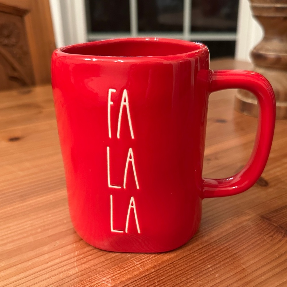 Rae Dunn Red Ceramic Mug with Festive FA LA LA Design